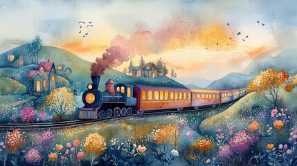 Dreamy watercolor painting of a vibrant train journeying through a fantasy landscape, pastel colors creating a magical ambiance for a child's room