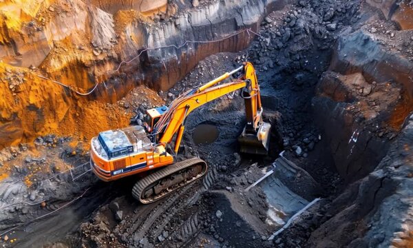 An orange excavator working deep in a coal mining pit surrounded by dark soil, rocks, and layered geological formations