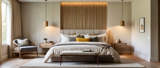 Modern cozy bedroom interior featuring a large window, stylish decor, wooden elements, and a comfortable bed with pillows and throws. Bright and inviting space with natural light.