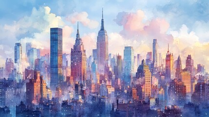 A bustling cityscape with towering buildings in watercolor, pastel hues, perfect for a child's room, vibrant and lively atmosphere