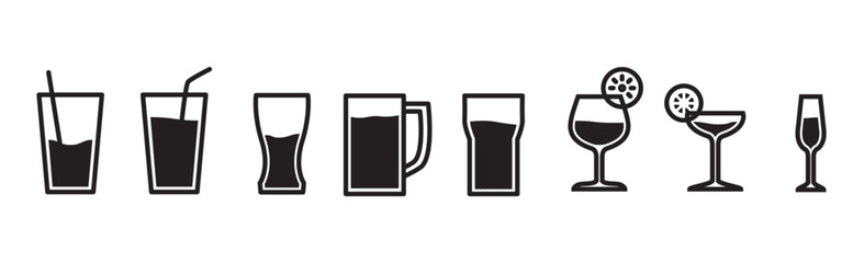 Collection of icons of glasses for various drinks in flat form. Several glass icons and decorations for glasses of beer, wine, alcohol, martini, champagne, Vector illustration isolated on tranparent.