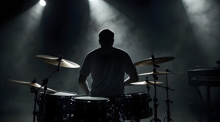 silhouette of a drummer behind a drum kit in a dark background.generative.ai 