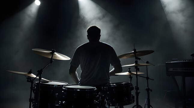 silhouette of a drummer behind a drum kit in a dark background.generative.ai 