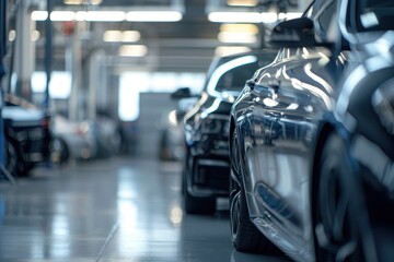 New cars in stock that are parked temporarily at a repair shop before display with a blurred industry background