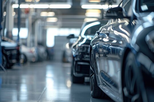 New cars in stock that are parked temporarily at a repair shop before display with a blurred industry background
