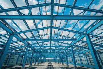New residential construction project featuring blue steel roof structure at an unfinished construction site emphasizing safety