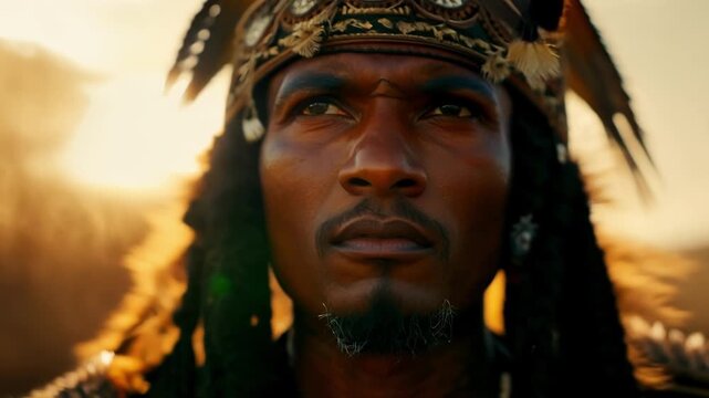 The closeup shot of an Aztec warriors face reveals the intense expression and striking features enhanced by feathers that embody the warriors identity and beliefs.