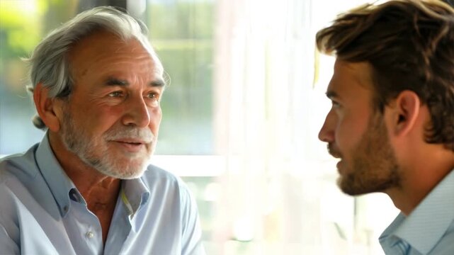 Two men are talking to each other. One of them is older and the other is younger. The older man has a beard and is wearing a blue shirt