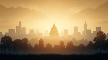 Capitol building silhouette with city skyline at sunrise