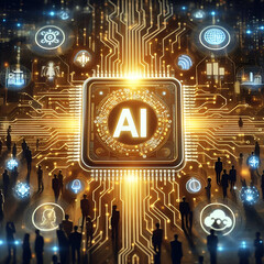Fototapeta premium Artificial Intelligence processor unit. Powerful Quantum AI component on PCB motherboard with data transfers.