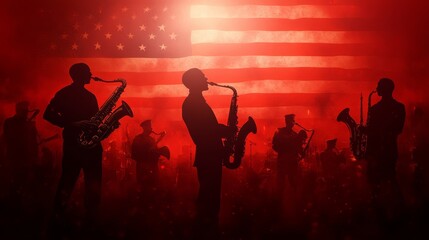 Fototapeta premium Silhouette of Musicians Performing with American Flag