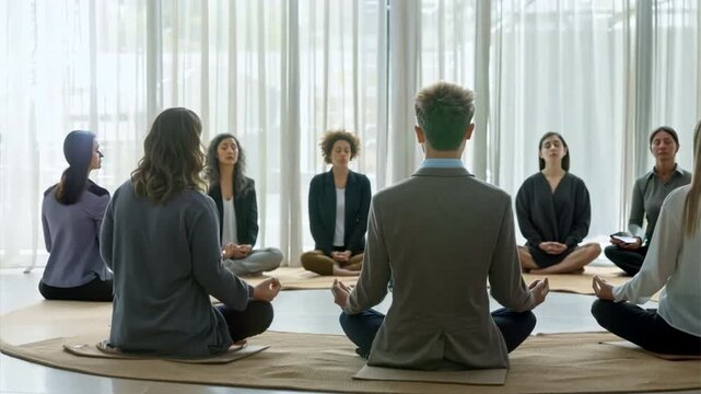 Workplace meditation session with employees seated in a circle, promoting mindfulness and relaxation.