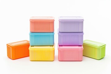 Pastel containers arranged on white background