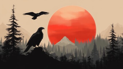 Fototapeta premium Eagles in Forest Silhouette with Large Red Sun