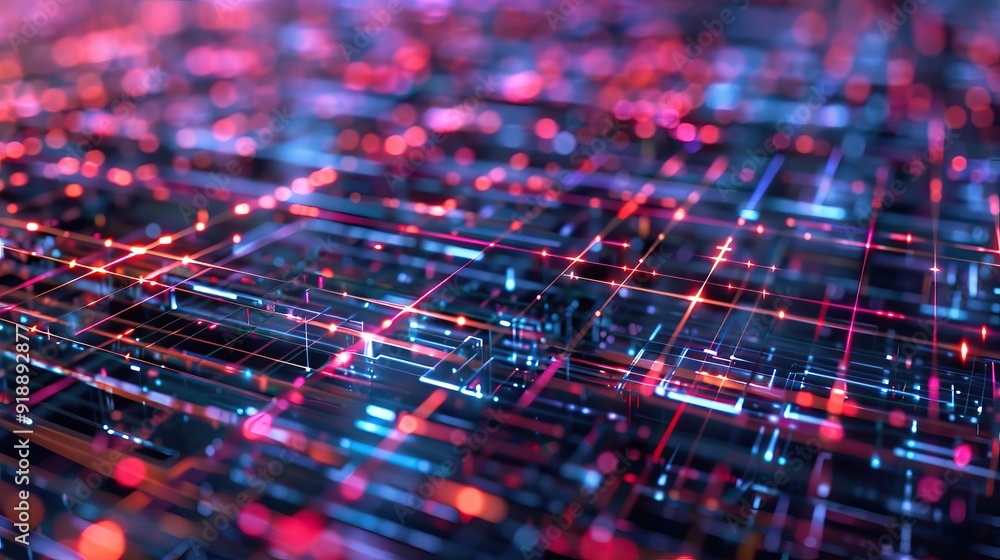 Poster pulsating cyber grid with neon lights