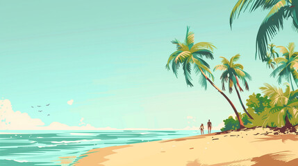 Obraz premium Family Strolling Along a Tropical Beach Under a Clear Blue Sky at Sunset