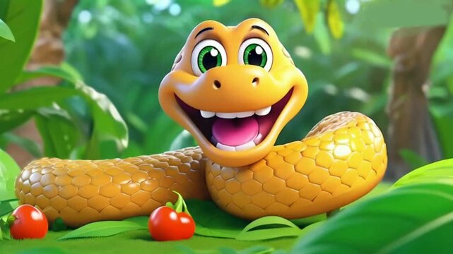 Cheerful cartoon anaconda snake character with cute smile. Sweet fruit, happy funny food personage. Healthy concept High quality HD 4K video