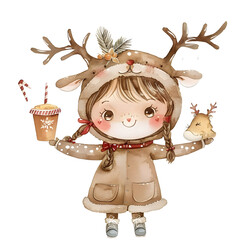 a super cute cartoon smile lady wearing reindeer costume with Ordering Food - Choosing items from the menu and placing an order, full body, single object, watercolor illustration