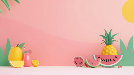 Obraz premium Vibrant Summer Still Life Featuring Tropical Fruits and Bright Colors on Pink Background