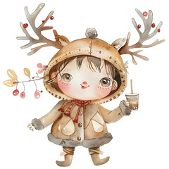 a super cute cartoon smile lady wearing reindeer costume with Ordering Food - Choosing items from the menu and placing an order, full body, single object, watercolor illustration