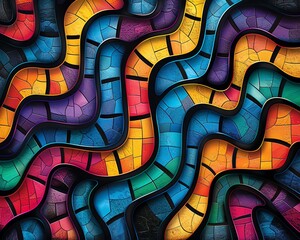 Obraz premium Abstract Colorful Mosaic Pattern with Wavy Lines and Geometric Shapes Digital Art Black Background