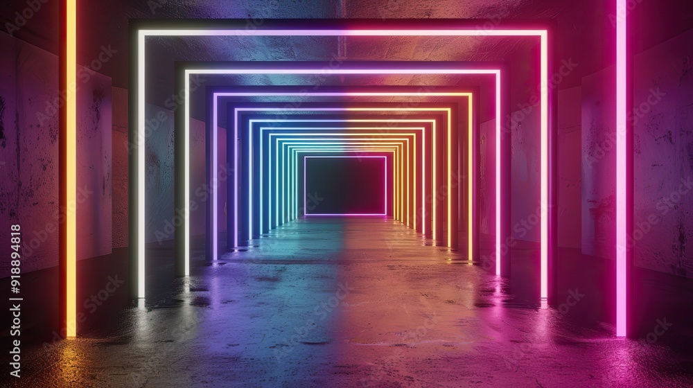 Aufkleber 3d rendered abstract colorful neon scene with a square frame