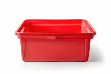 Red plastic box packaging of finished goods on white background with paths