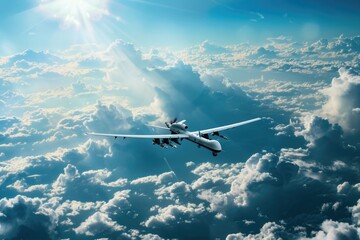 Naklejka premium A plane soaring through the sky above fluffy white clouds