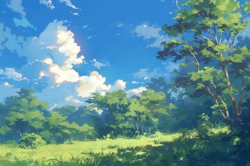Beautiful digital painting of a green grassy field with a forest in the background and a bright blue sky with fluffy clouds