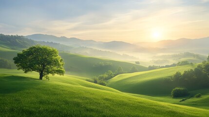 Solitary Tree on Rolling Green Hills at Sunrise