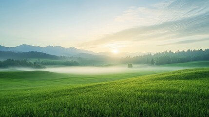 Naklejka premium Peaceful Morning Mist over Green Fields and Hills