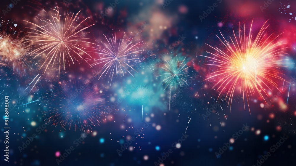 Poster abstract holiday background featuring a dazzling array of colorful fireworks exploding in the dark s