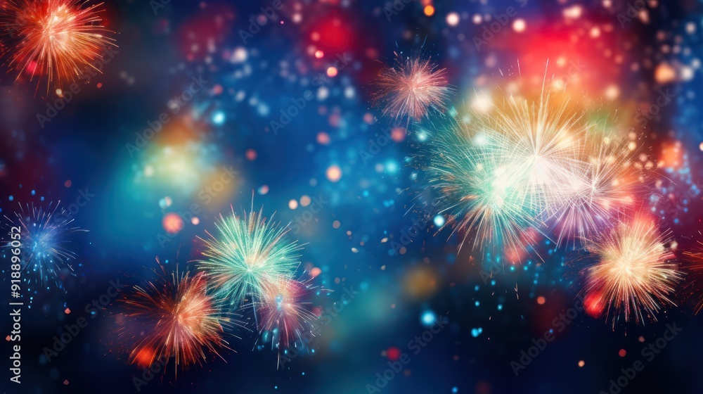 Poster abstract holiday background featuring a dazzling array of colorful fireworks exploding in the dark s