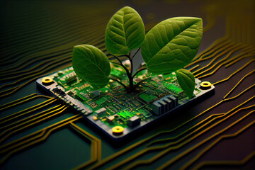 Green Sprout on a Computer Chip – Organic Digital Future Technology Concept Blending Nature with Advanced Tech for a Visionary and Eco-Friendly Innovation