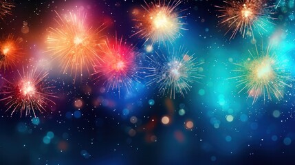 Naklejka premium Abstract holiday background featuring a dazzling array of colorful fireworks exploding in the dark sky,