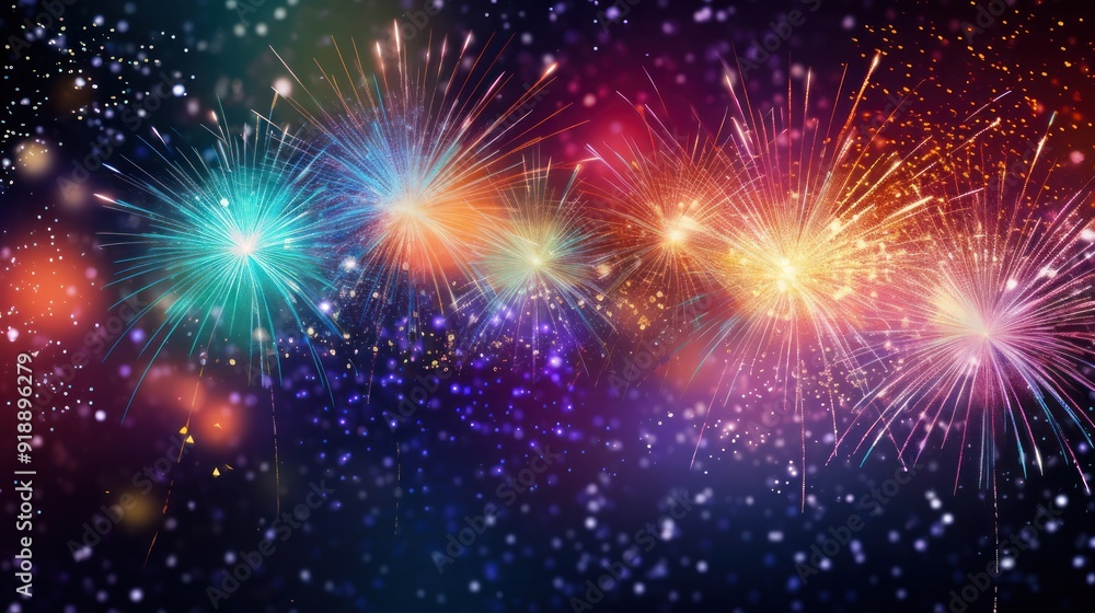 Poster abstract holiday background featuring a dazzling array of colorful fireworks exploding in the dark s