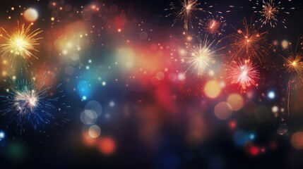 Fototapeta premium Abstract holiday background featuring a dazzling array of colorful fireworks exploding in the dark sky,