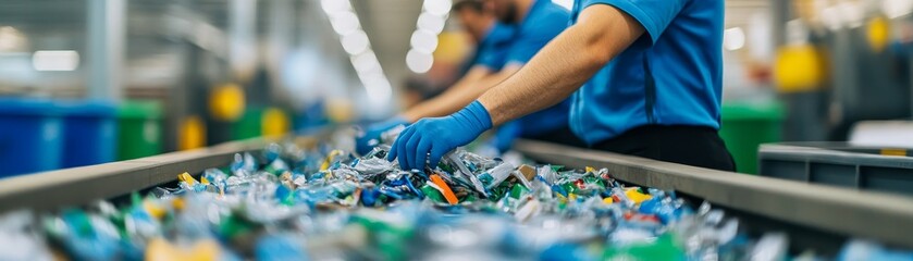 recycling plant workers sorting plastic waste on conveyor belt with blue gloves - environmental responsibility and sustainability concept.