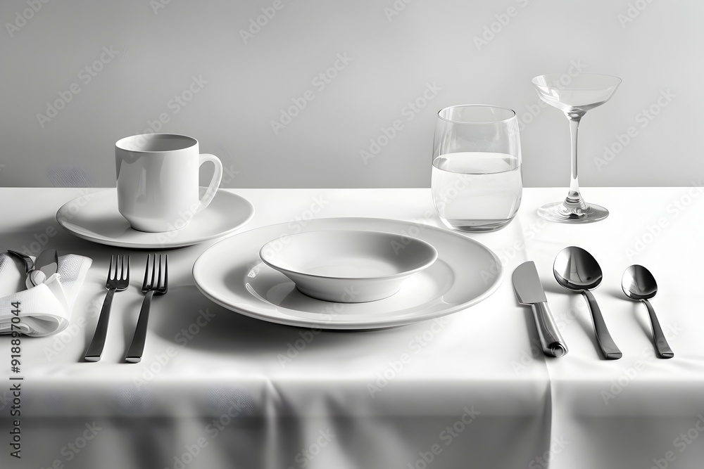Poster minimalist table setting with white plates and silverware.