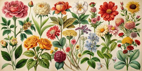 Vintage artwork and retro graphic design set of botanical illustrations of flowers or floral plants