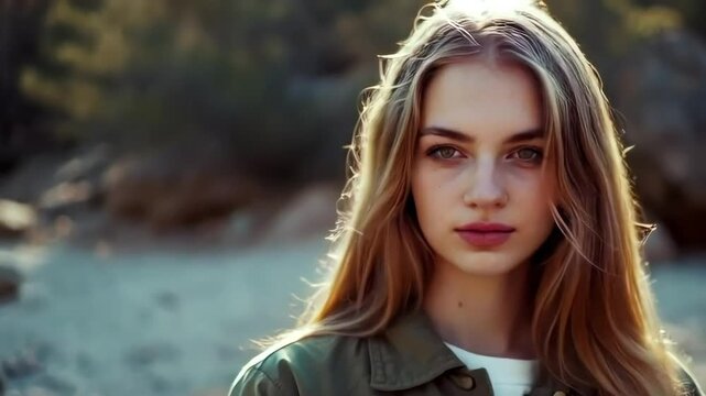 Stunning blonde Canadian supermodel on a mountain trail