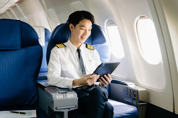 Fototapeta premium Asian Confident male pilot in uniform leaning at the passenger seat while standing inside of the airplane flight