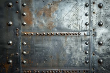 Fototapeta premium Shiny metal plate with rivets on a steel surface