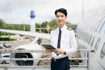 Asian Confident male pilot in uniform leaning at the passenger seat while standing inside of the...