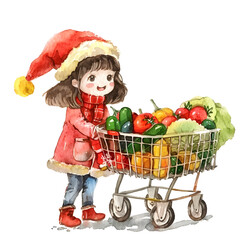 a super cute cartoon lovely Girl wearing santy costume and standing food cart Go buy vegetables in the supermarket, single object, watercolor illustration