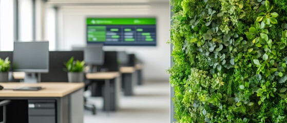 Fototapeta premium modern office interior design with green wall and blurred background of desks and computers.