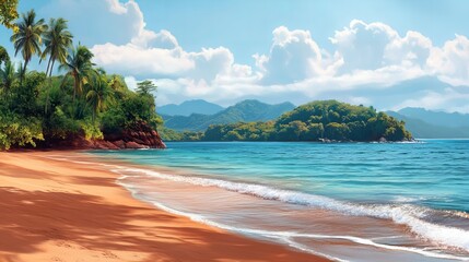 The beach is a very exotic red-green color, with a background of many beautiful small islands and with calm sea waves during the day, the images are very realistic