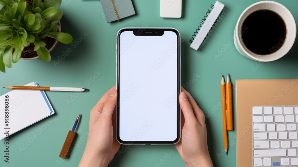 Fototapete detailed image of a person's hands using a smartphone with a blank screen
