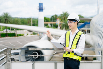 Male aviation engineer in safety gear inspecting an airplane engine, embodying professionalism