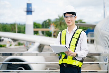 Male aviation engineer in safety gear inspecting an airplane engine, embodying professionalism